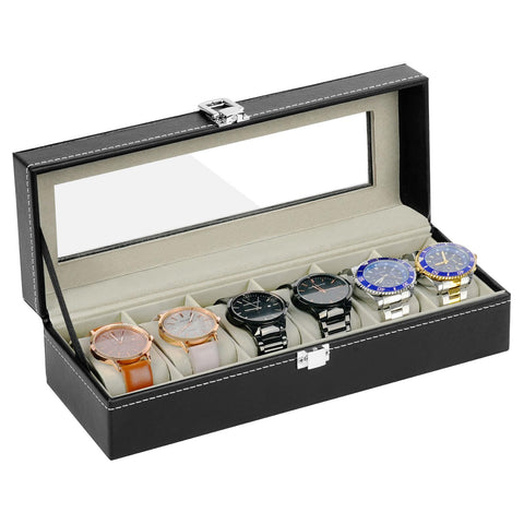 OFFCUP Watch Box with 6 Slots, Watches Case with Glass Lid, PU Leather Watch Display Storage Box with Removable Watch Pillows, Gift Idea for Jewellery Bracelets Bangles Storage (Black)