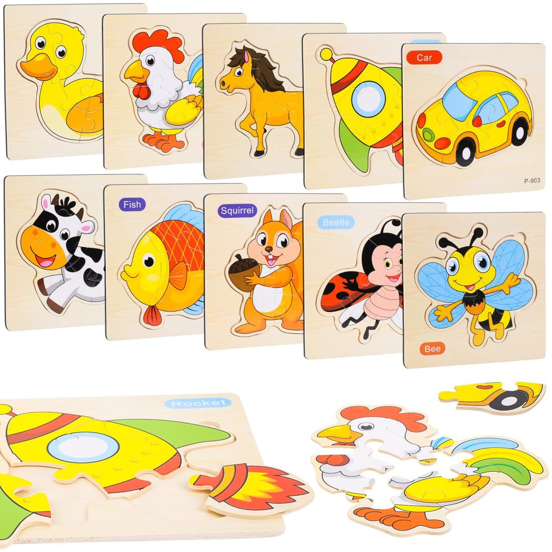 Wooden Puzzle Children, Pack of 10 Wooden Puzzle from 1 2 3 Years, Montessori Wooden Toy Puzzle, Educational Toy, Wooden Puzzle, Gift for 1 2 3 Year Old Boys and Girls