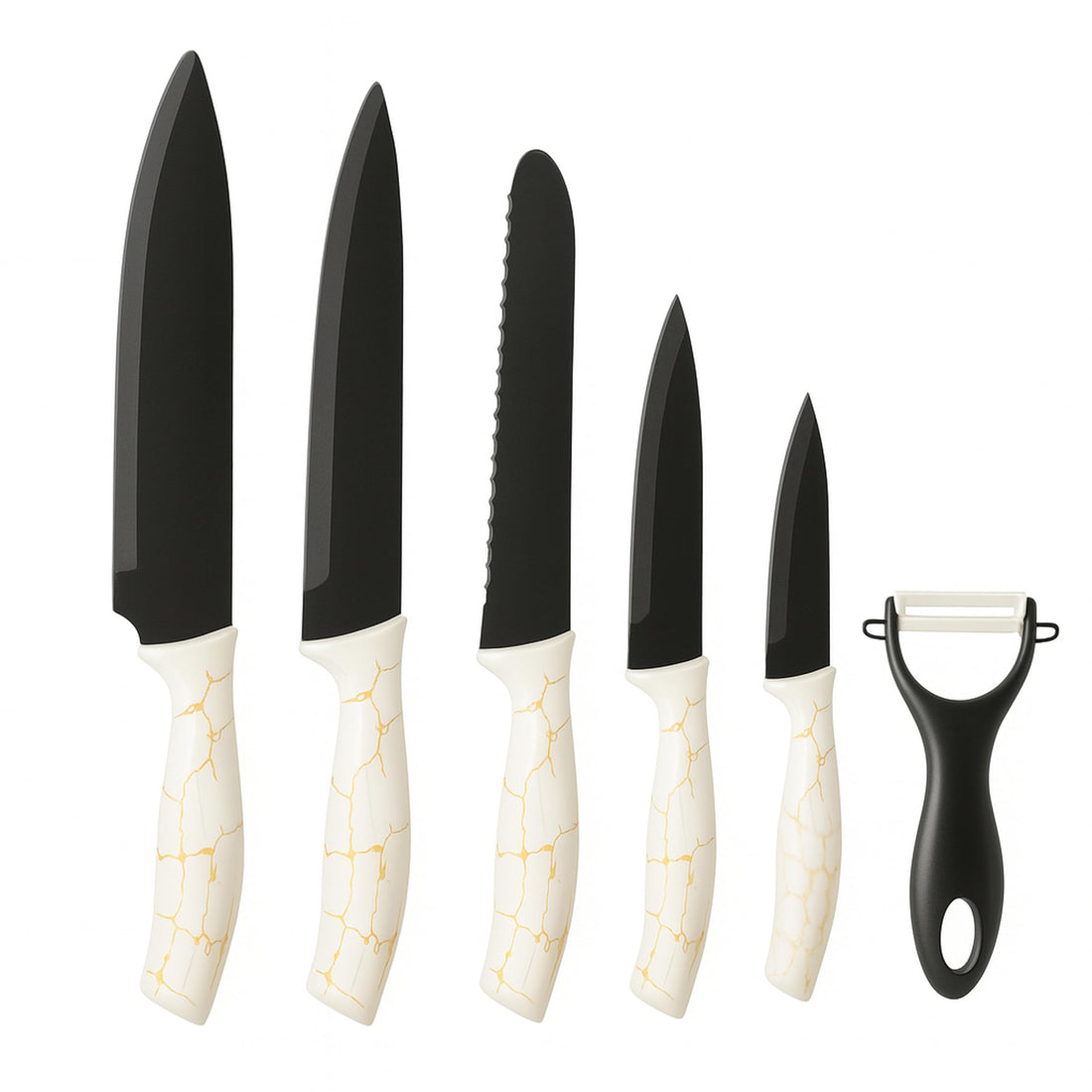 6 Piece Kitchen Knife Set with Peeler – Chef Knife, Serrated Bread Knife, Slicing Knife, Utility Knife, Paring Knife – Sharp Stainless Steel Blades with Non-Stick Coating and Ergonomic Handles