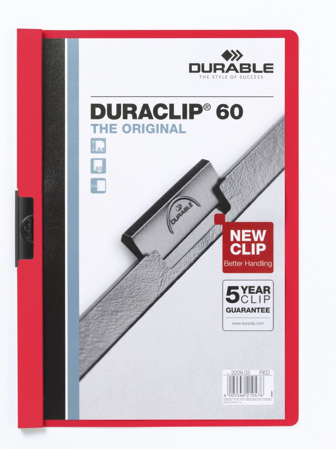 Durable 220903 Hunke & Jochheim Klemm-Mappe, Hartfolie, 60 Blatt, transparent/rot