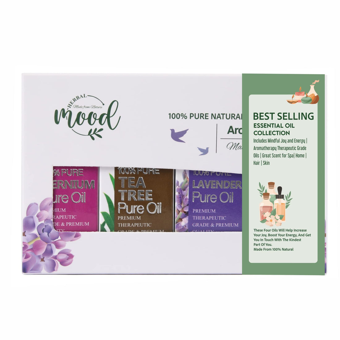 Essential Oils by Herbal Mood | 100% Pure and Natural Grade Oils Kit | Top 4 Essential Oils Gift Set, Incl. Lanvender, Peppermint, Eucalyptus, Tea Tree 100% Pure