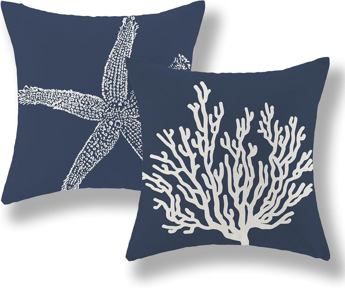 Pillow Covers 18x18 Inch Set of 2, Nautical Ocean Coastal Blue Coral Throw Pillows Spring Summer Decorations Linen Pillowcase Outdoor Decor Farmhouse Cushion Case for Home Holiday