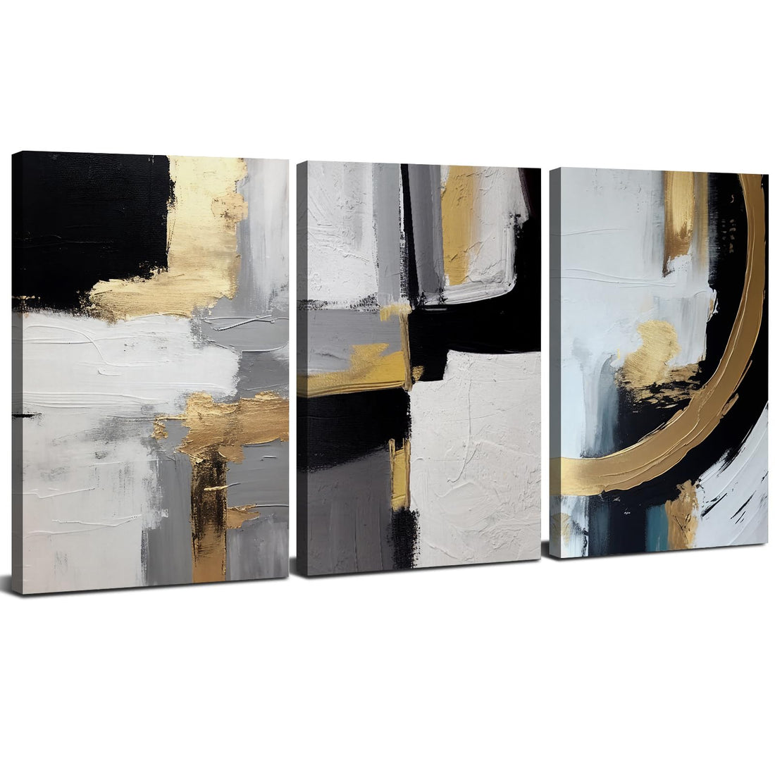 AIYISU Set of 3 Abstract Canvas Wall Art Modern Grey and Gold Wall Pictures for Living Room Neutral Abstract Framed Wall Prints Black and White Hallway Decor for Home Office Bedroom 30x40cm