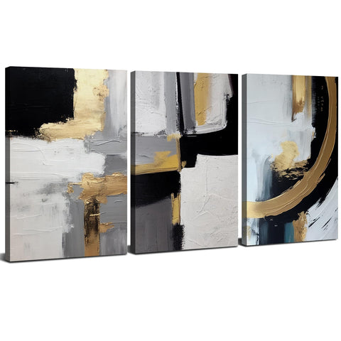AIYISU Set of 3 Abstract Canvas Wall Art Modern Grey and Gold Wall Pictures for Living Room Neutral Abstract Framed Wall Prints Black and White Hallway Decor for Home Office Bedroom 30x40cm