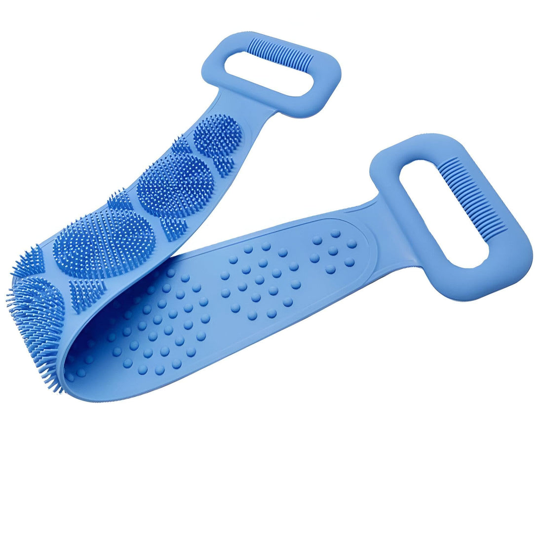 Silicone Back Scrubber - Blue double-sided exfoliating body brush with massage nubs and 28-inch towel strap for effortless shower cleaning and deep skin renewal.