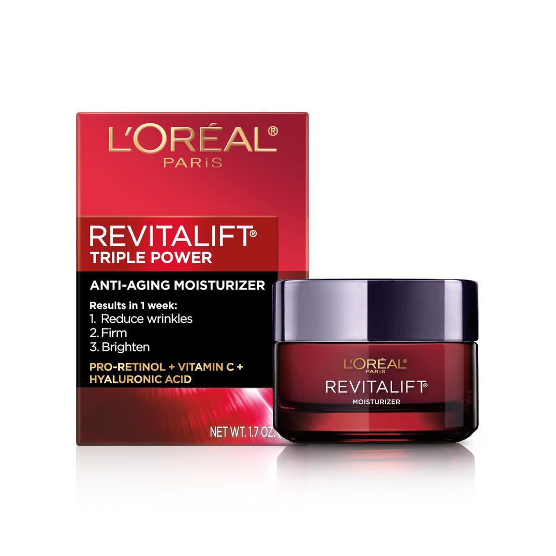 L'OREAL PARIS Skincare Revitalift Triple Power Anti-Aging Face Moisturizer with Pro Retinol, Hyaluronic Acid & Vitamin C to reduce wrinkles, firm and brighten skin, 1.7 Oz - (Packaging May Vary)