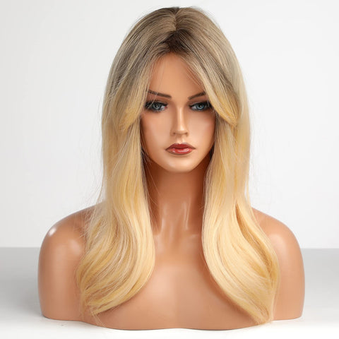 HAIRCUBE Blonde Wigs Long Curly with Fringe Middle Part Ombre White Shoulder Length Natural Hair Heat Resistant Fibre Synthetic Wigs for Women