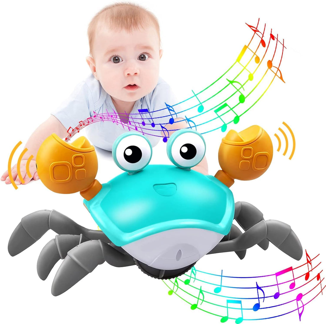 Crawling Crab Baby Toy with Music and LED Light, Blue, ABS Material, for Infants 0-36 Months, Rechargeable, Auto-Obstacle Avoidance