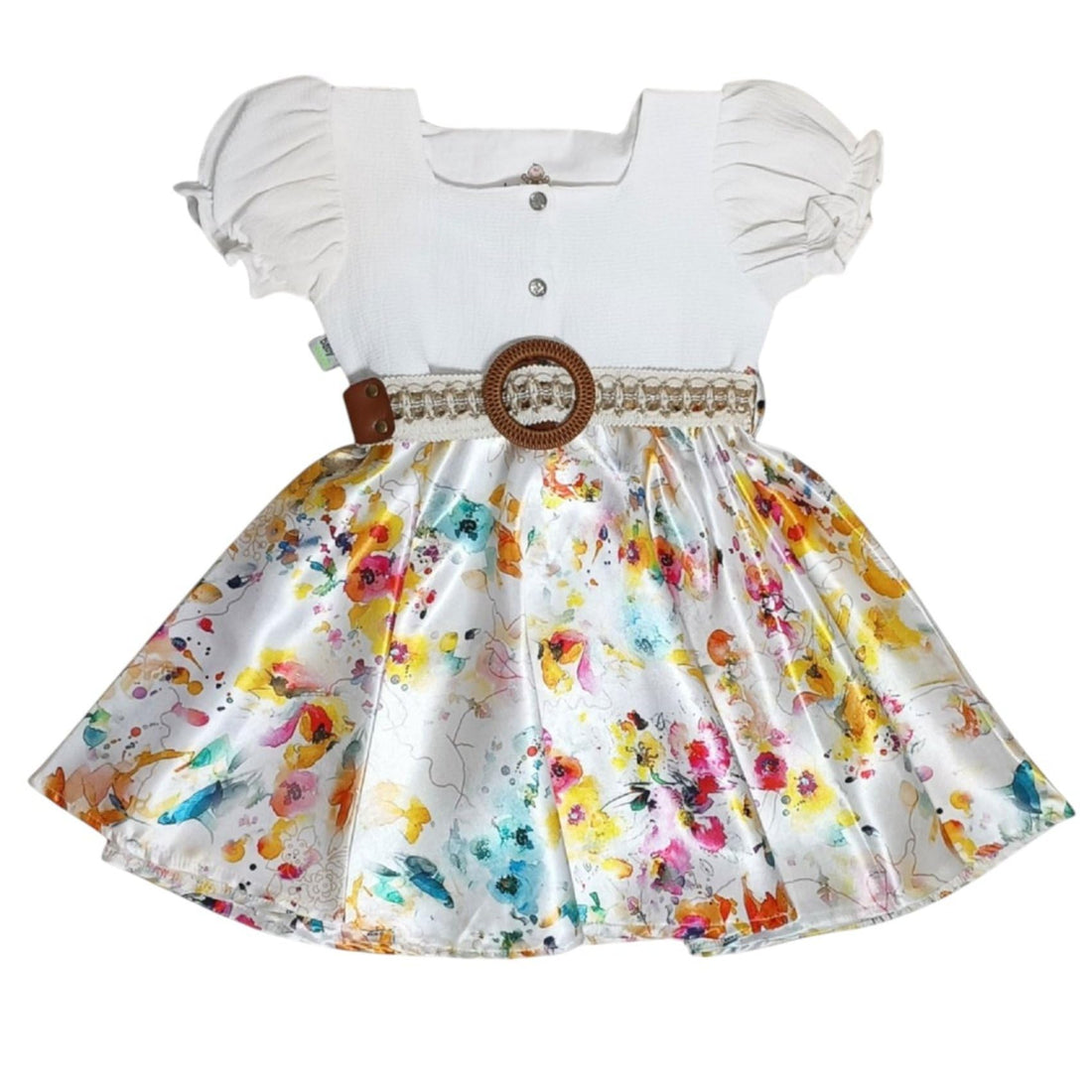Baby Shoora Set Of 2 Pieces Half Sleeves Dress&Belt Leaves Printed For Girls-Multicolor-1-2Year