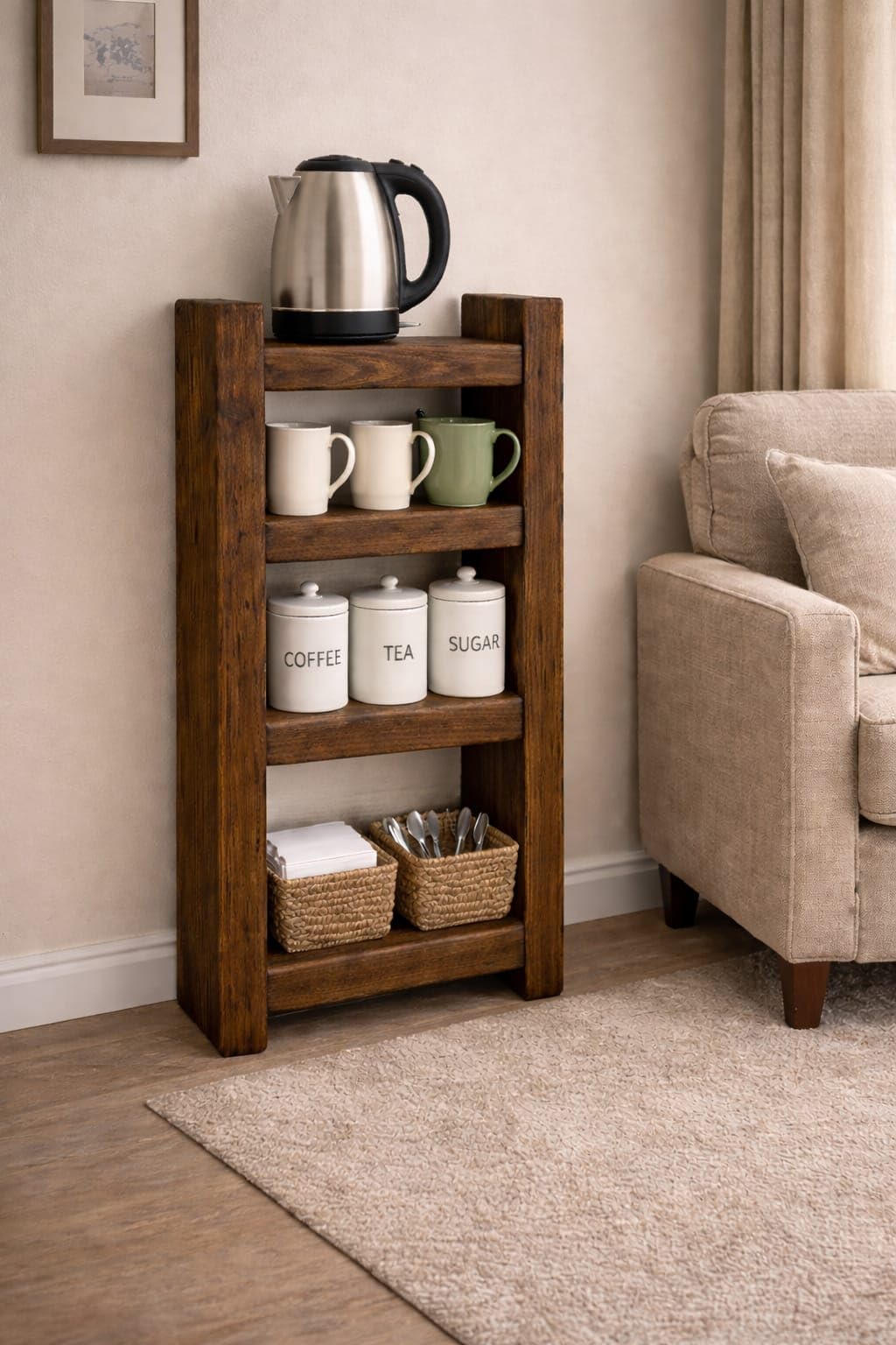 Handmade Natural Wood Organizer - Home Office Coffee Corner - 4 Shelves - Height 70cm Width 30cm Depth 15cm
