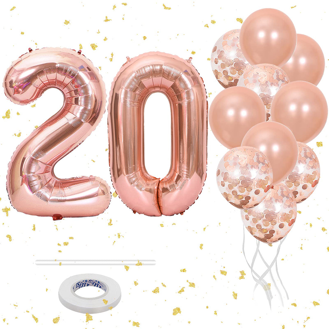 KAINSY 40inch Large 20 Number Balloons Rose Gold, Balloons Number with Rose Gold Confetti Balloons and Blowpipe for Women Birthday Party Decoration Graduation Baby Shower