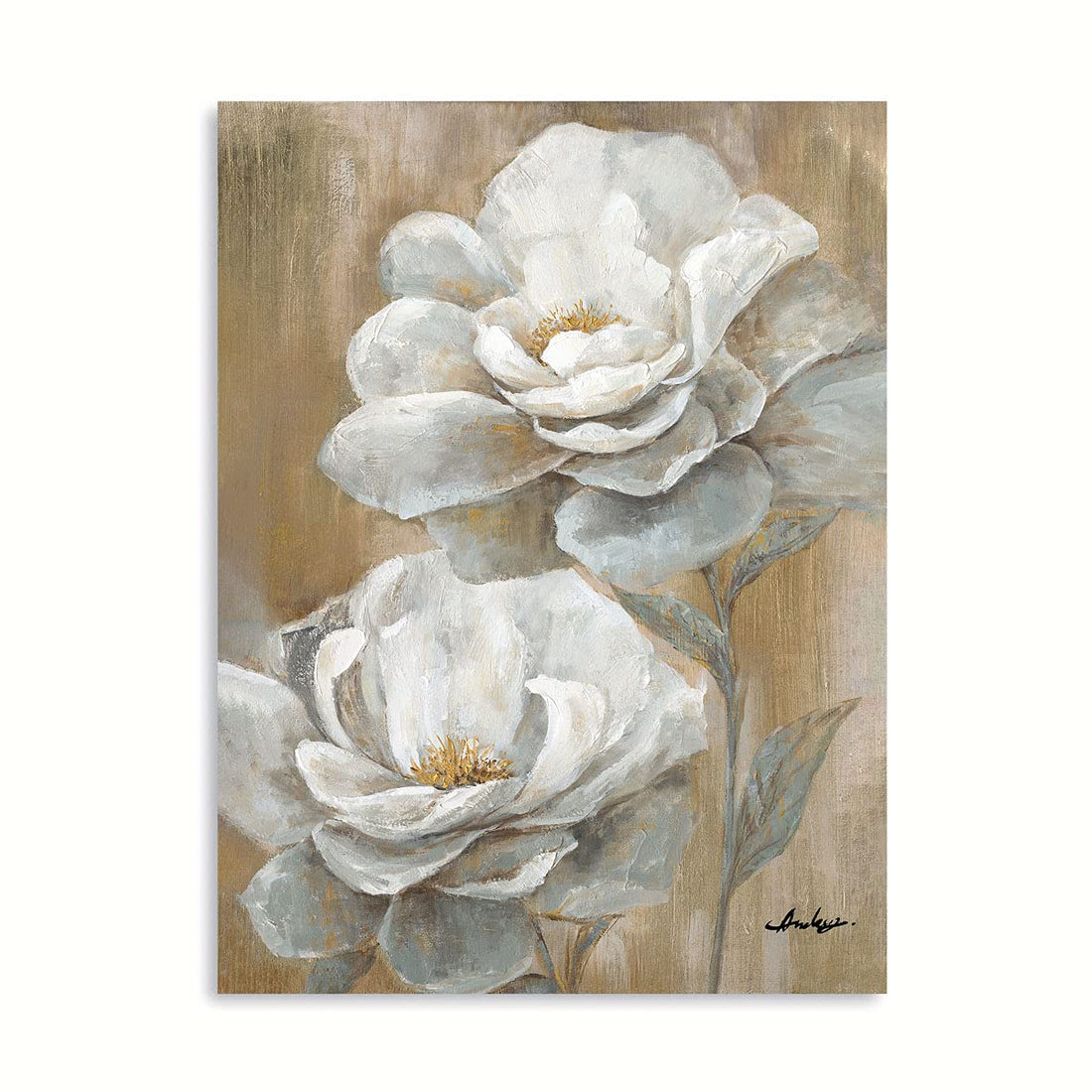 Yidepot Floral Canvas Wall Art Peony Flower Picture Abstract White and Gold Painting Giclee Print Artwork Home Decor for Bedroom Bathroom Ready to Hang 30 x 40 x 1 Panel