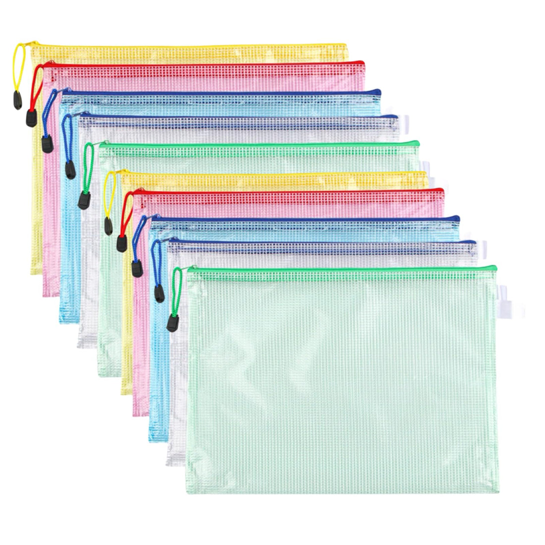 A4 Zipped Document Pouch, 5 Colours PVC Transparent Document Folder, Zipper Pouch, Mesh Zipper Pouch for Travel, Office, Travel, Supplies (10 Pieces)