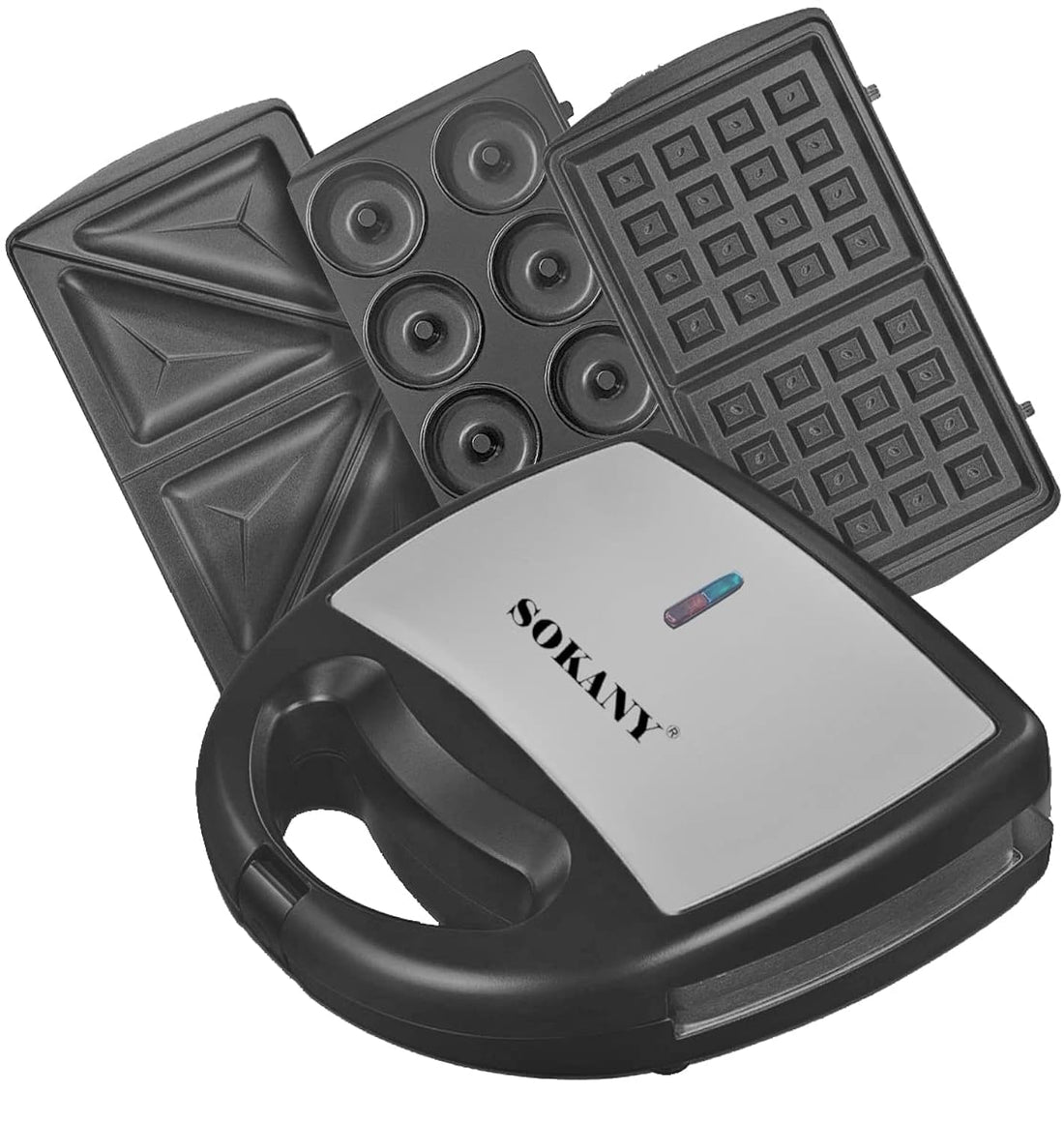 SOKANY 3-in-1 Sandwich Maker, Grill With 3 Plates Black & Silver