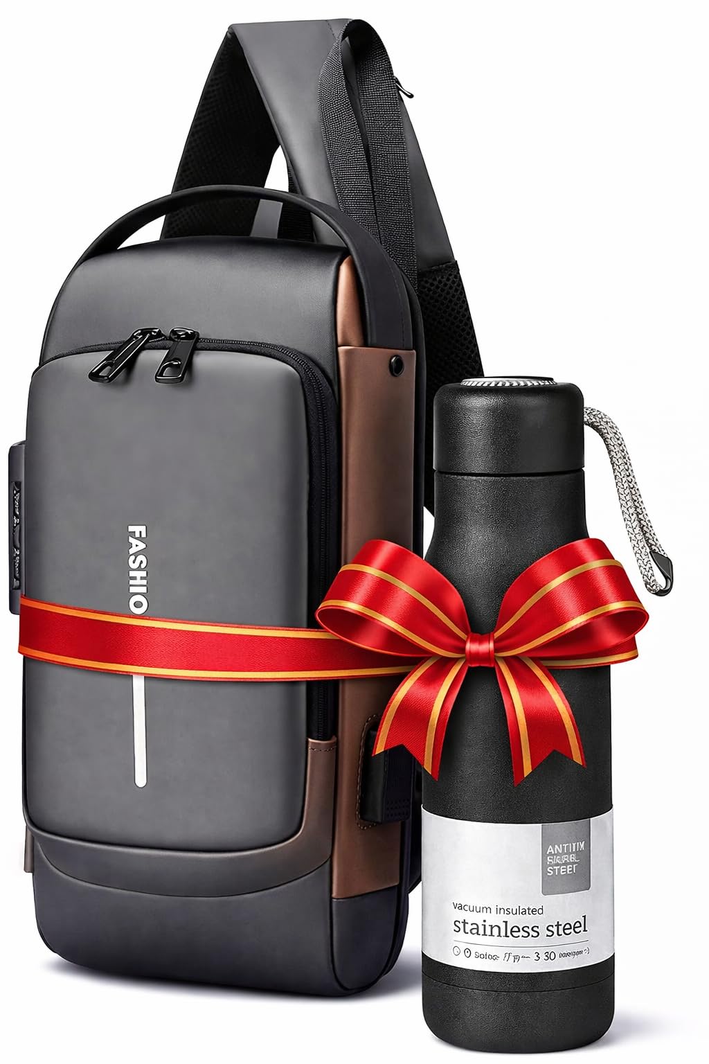 Travel Bundle: Anti-Theft Sling Backpack with USB Charging Port & 500ml Insulated Stainless Steel Water Bottle - Waterproof Crossbody Bag for Daily Commute & Hiking