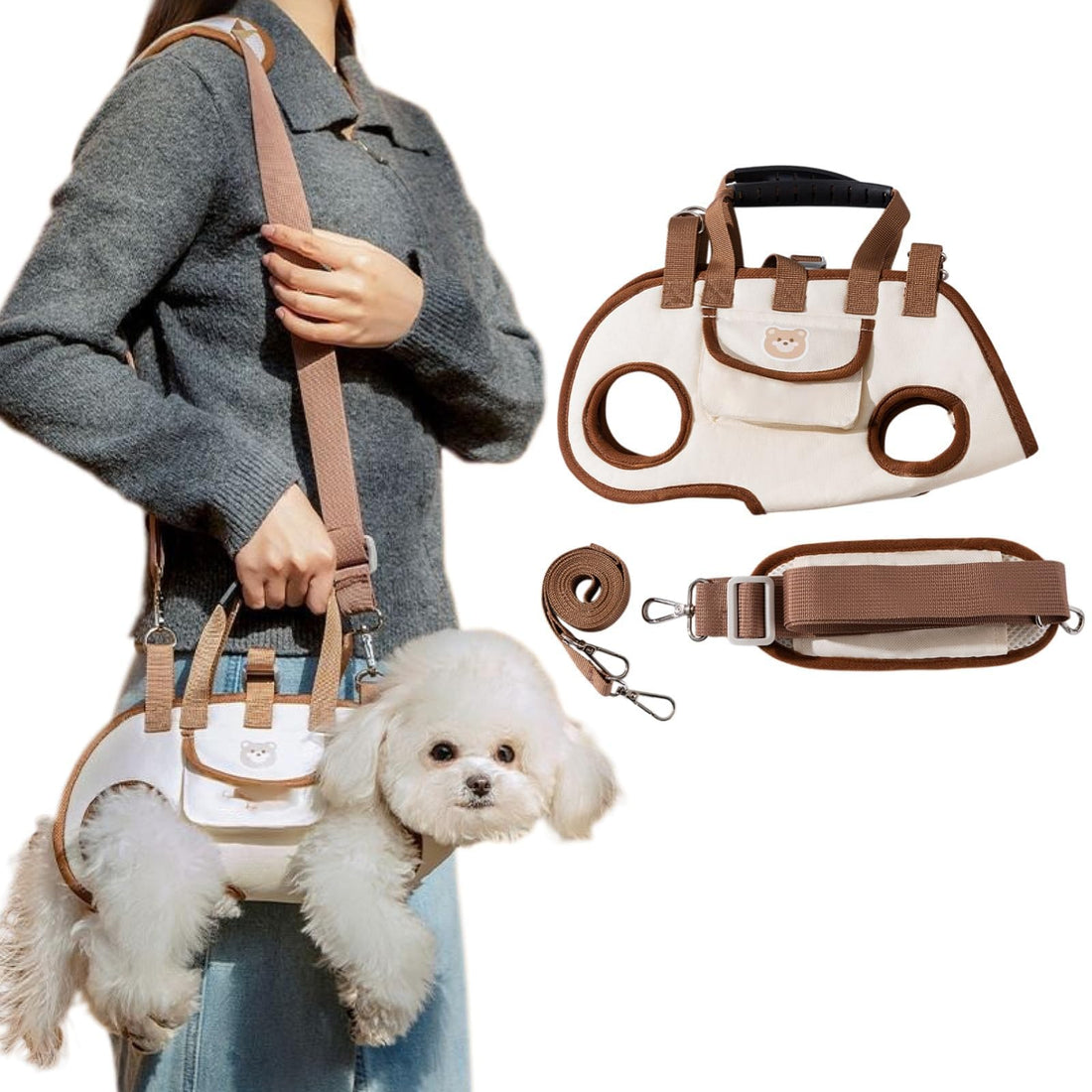 Dog Full Body Lift Harness for Small Dogs, Hands Free Shoulder Yorkie Carrier, Adjustable Breathable Vest Straps with Small Puppy Treat Bag (4.4~8.81 lbs)