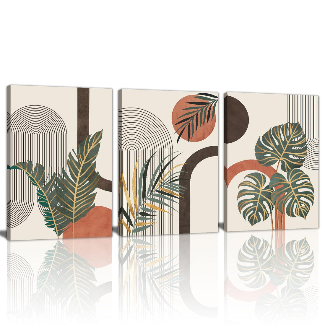 3 Pcs Boho Beige Canvas Wall Art Aesthetic Green Botanical Wall Pictures Minimalist Geometric Line Plants Leaf Art Prints Painting Home Decor for Bedroom Living Room Office Ready To Hang 12"x16"x3Pcs