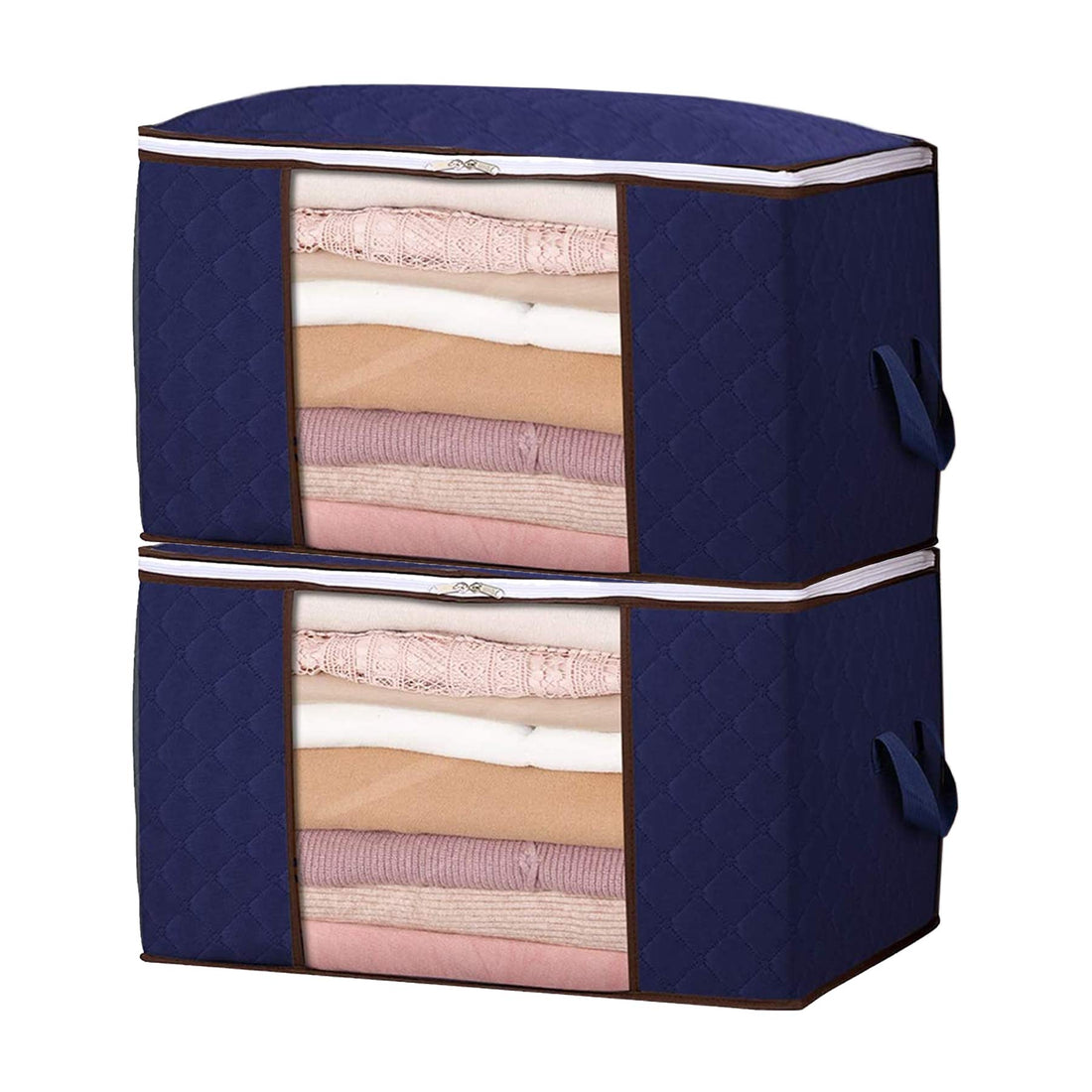 Large Capacity Clothes Storage Bag Clothes Storage Bag Organizer with Reinforced Handle Thick Fabric for Comforters, Blankets, Bedding,Clear Window, Foldable with Sturdy Zipper (Blue-2 Pack)