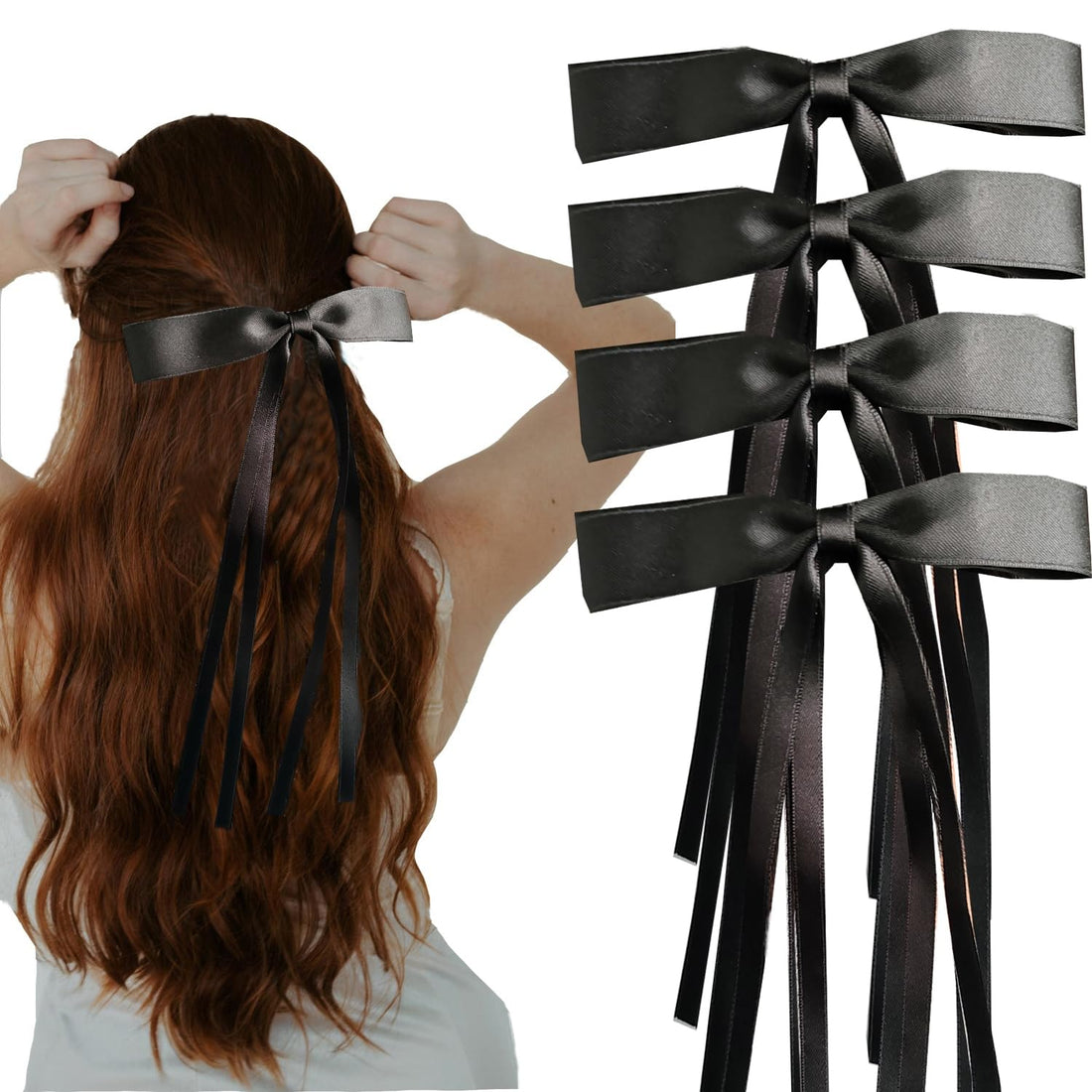 Hjiaruiky Hair Bows for Women Hair Bow Hair Ribbons for Women Bow Hair Clips Cute Satin Thin Black Hair Bow Clips Hair Barrettes with Bow for Girls Teens ladies Beige (Black 4pcs)