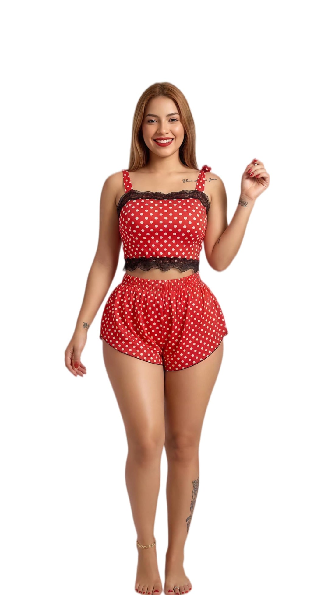 MANIKAN Women's Pajama Polka Dot Two-Piece Set Lace Trim Crop Top and Shorts