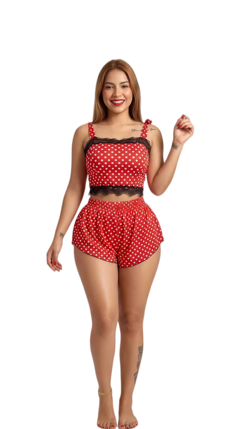 MANIKAN Women's Pajama Polka Dot Two-Piece Set Lace Trim Crop Top and Shorts