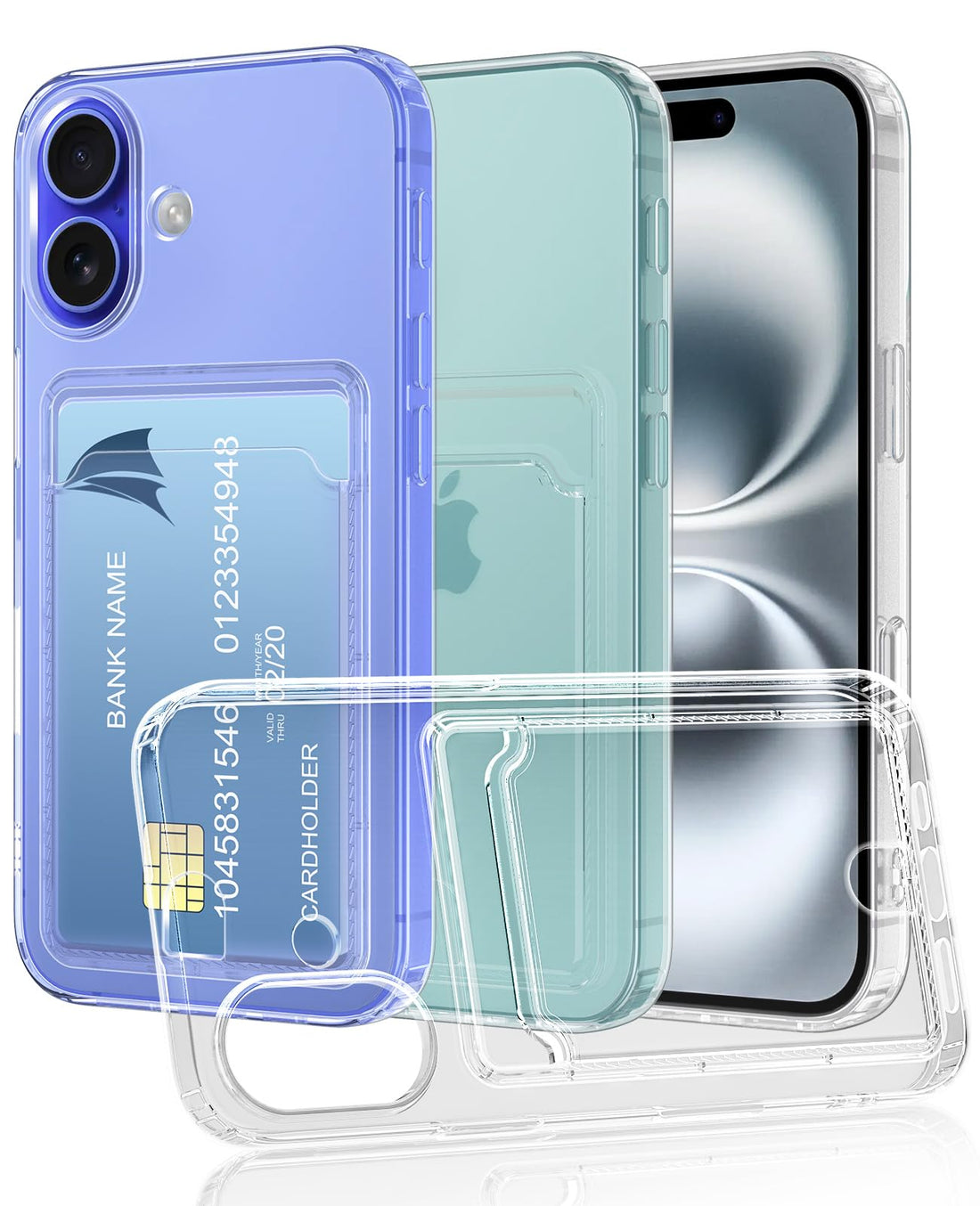 SineOrdo iPhone 16 Case, Clear Cover with Card Holder, Shockproof, Slim, Wireless Charging Compatible, Transparent