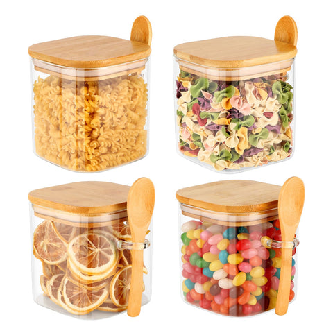 Glass Storage Jars, Set of 4, 750 ml, Airtight Storage Jars, Square with Lid and Spoon, Kitchen Storage Glass Container, Spice Jars, Storage Jar