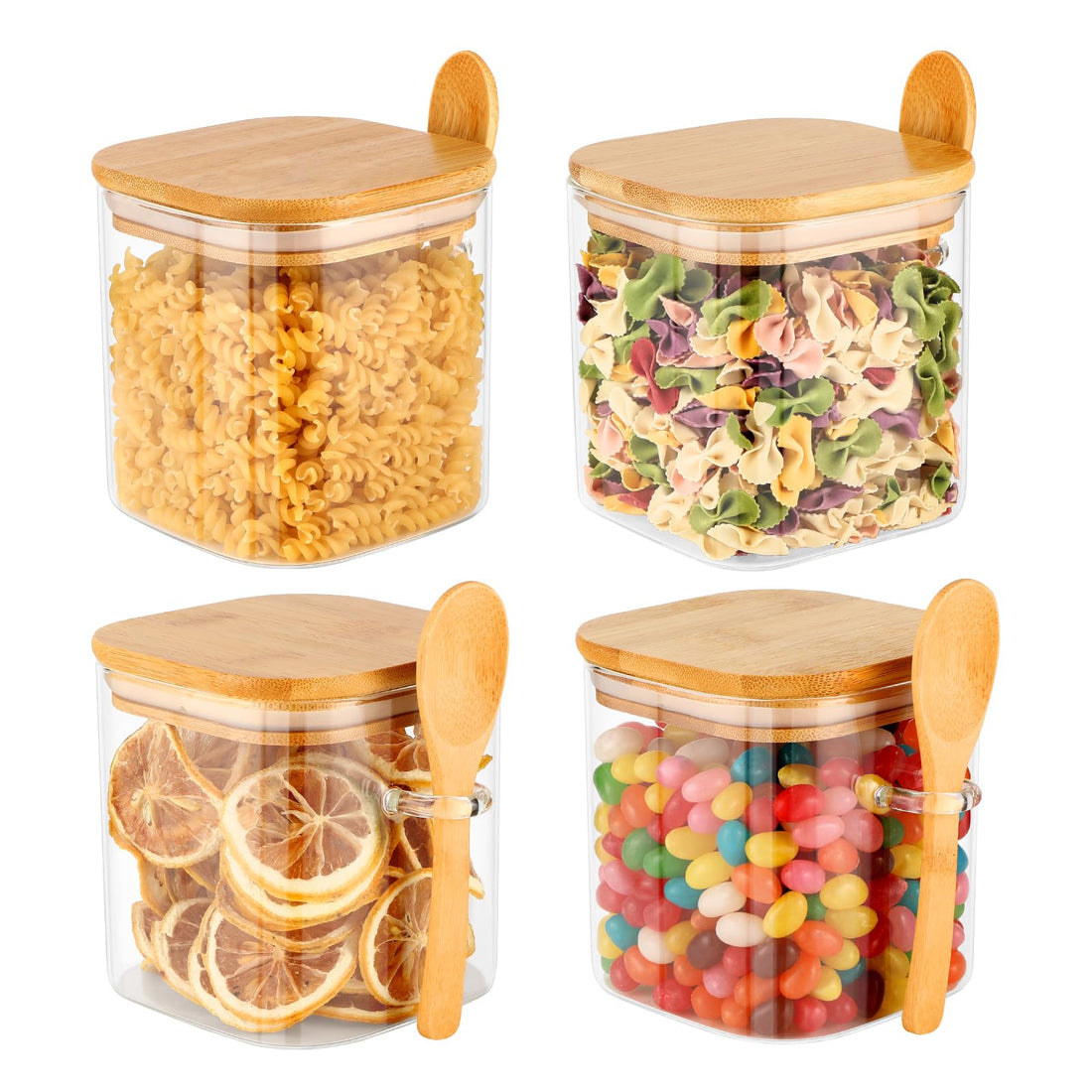 Glass Storage Jars, Set of 4, 750 ml, Airtight Storage Jars, Square with Lid and Spoon, Kitchen Storage Glass Container, Spice Jars, Storage Jar
