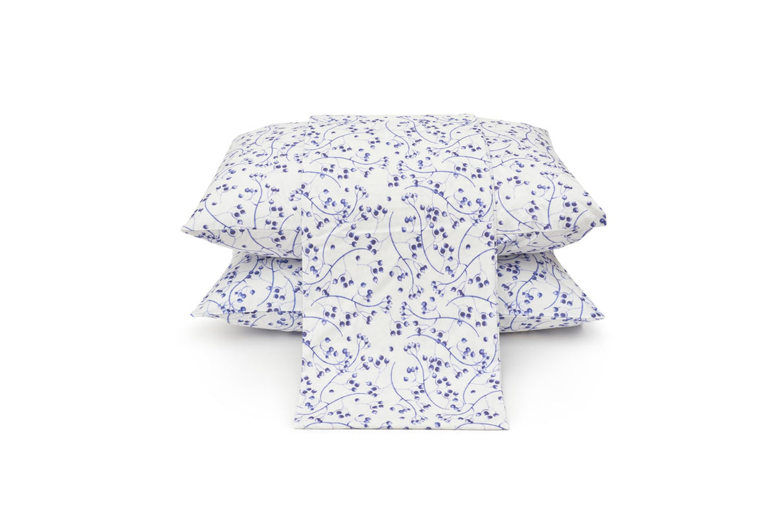 Printed Bed Set - 3 Pieces for Single Bed - 1 Flat Sheet (180cm*260cm) + 2 Pillow Cases (50cm*70cm) - 100% Saten Cotton - Blue Branches - 811