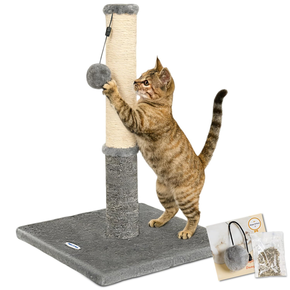 Happi N Pets Cat Scratching Post, Cat Scratcher for Kittens or Medium Cats, Sisal Scratch Post & Carpet Post in One, Stable Kitten Scratching Post with Replaceable Toy, Extra Free Toy, Light Gray