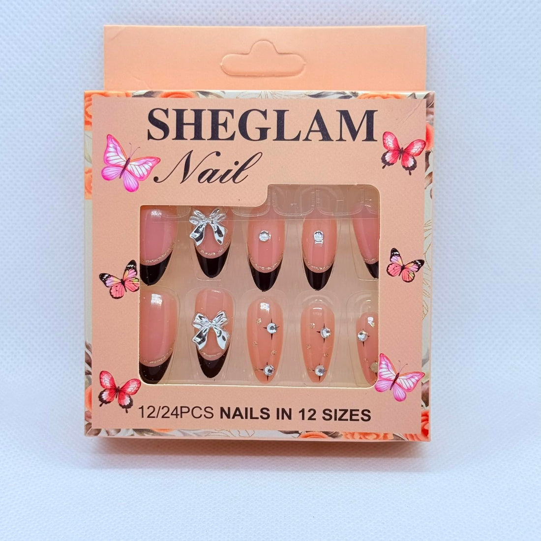 Press On Nails Almond Shape Professional Nail Art – 12 Colors & Designs, Salon Finish Luxury Fake Nails for Women (Black French & Nail Art)