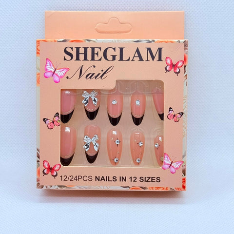 Press On Nails Almond Shape Professional Nail Art – 12 Colors & Designs, Salon Finish Luxury Fake Nails for Women (Black French & Nail Art)