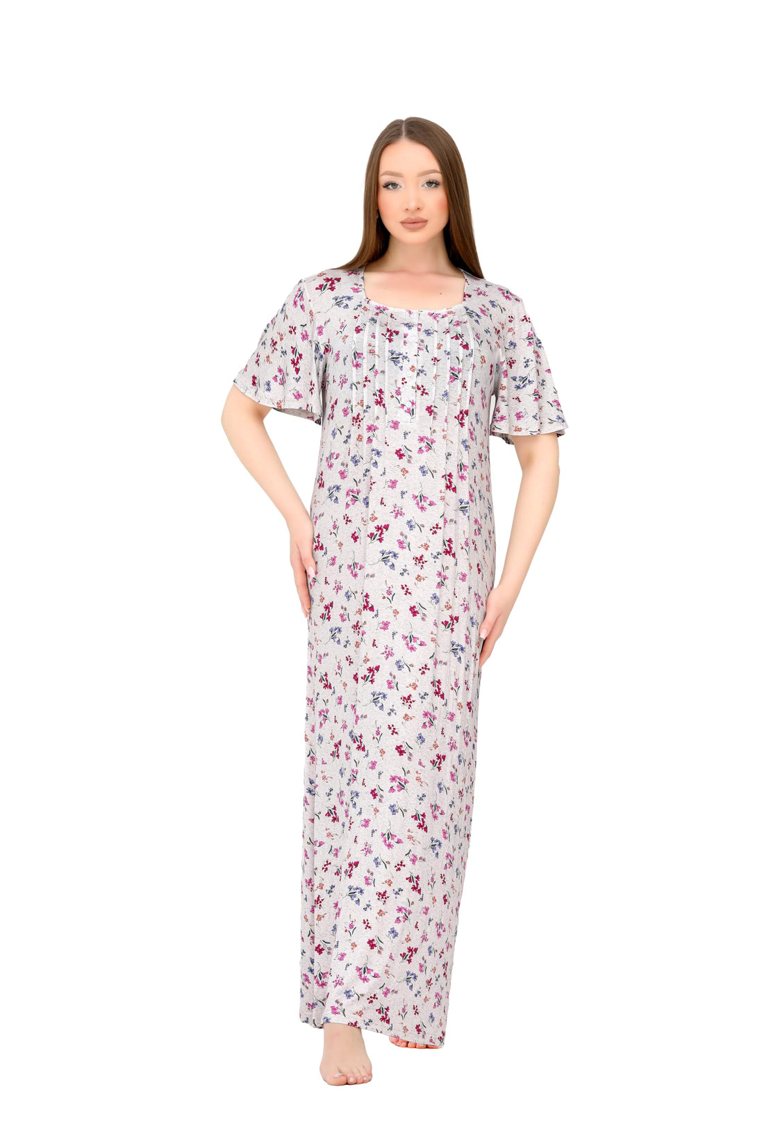Women Viscose Long Nightgown Short Puff Sleeve Elegant Floral Pattern - Summer Comfy Maxi Abaya Half Sleeve - Embroidered Long Dress with Wide Sleeves - Home Wear for Women