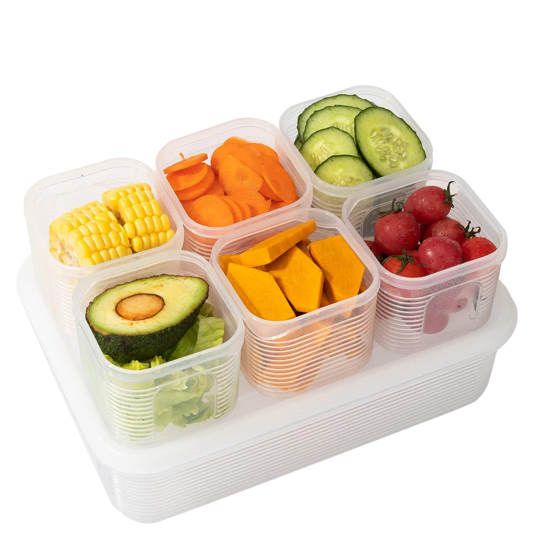 Fridge Food Storage Container- Reusable Fresh Produce Fruit Storage Organizer Plastic Produce Organizer Storage Bin with 6 detachable small boxes to Keep Fresh for Storing Fish, Meat, Vegetables