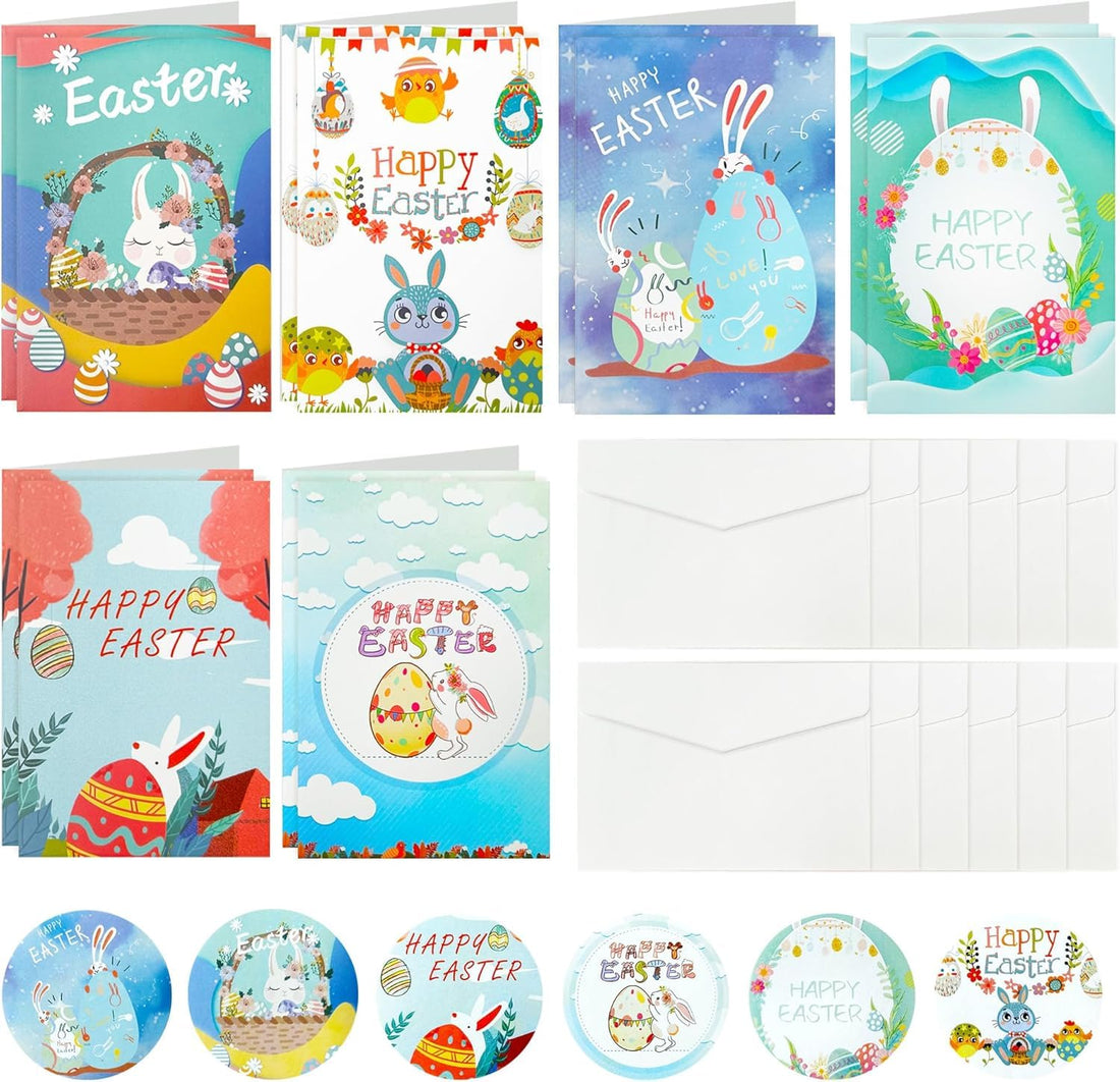 SM4U Easter Greeting Cards with Bunny Design, 6 Assorted Patterns with Envelopes, Colourful Holiday Cards Set