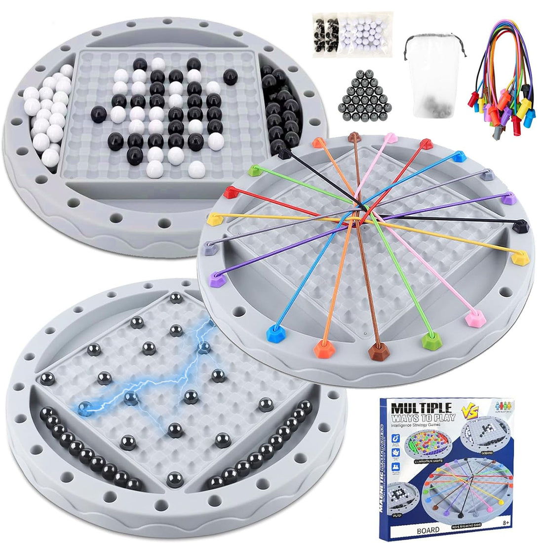 3 in 1 Board Games, 5-in-eine-Reihe-Spiel & Magnetic Chess & Rope Untangling Puzzle Game, 40 Pcs Stones, 60 Perlen, 10 String & Portable Storage Bag, Multi-Level Challenges Use for Kids Adults