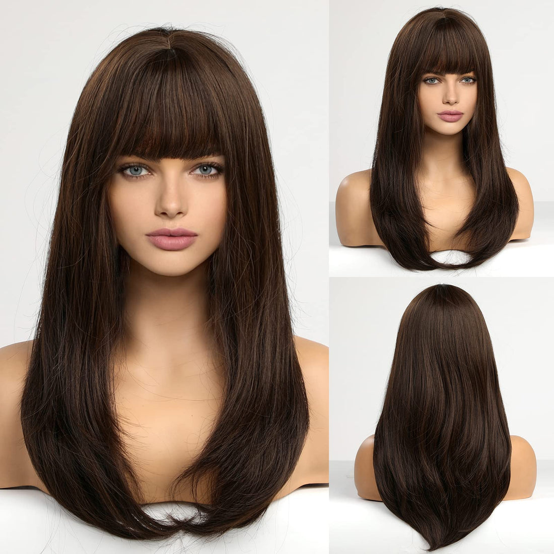 ECIF Long Black Wigs For Women, Synthetic Hair Wig With Neat Bangs For White Women