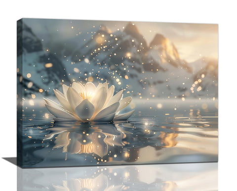 Zen Canvas Wall Art White Lotus Flower Pictures Wall Decor Yoga Spa Meditation Print Painting Zen Spiritual Artwork Modern Home Decorations for Bathroom Yoga Room Living Room Restroom Framed 12"x16"