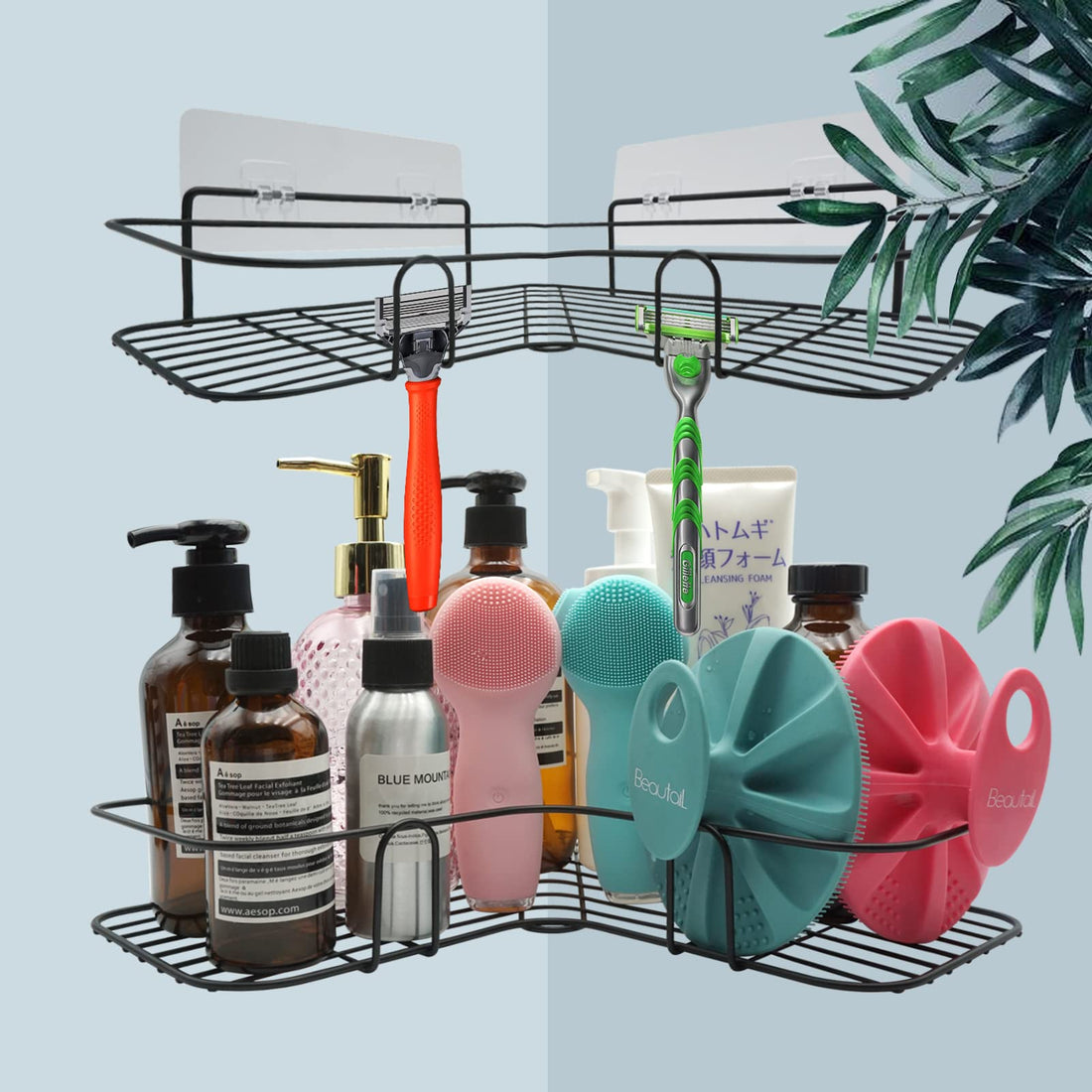 BEAUTAIL 2-Pack Corner Shower Caddy Shelf, Bathroom Organizer Rack, Wall Mounted Rustproof Storage Basket with Adhesive, No Drilling, 304 Stainless Steel Shampoo Holder for Toilet, Dorm and Kitchen