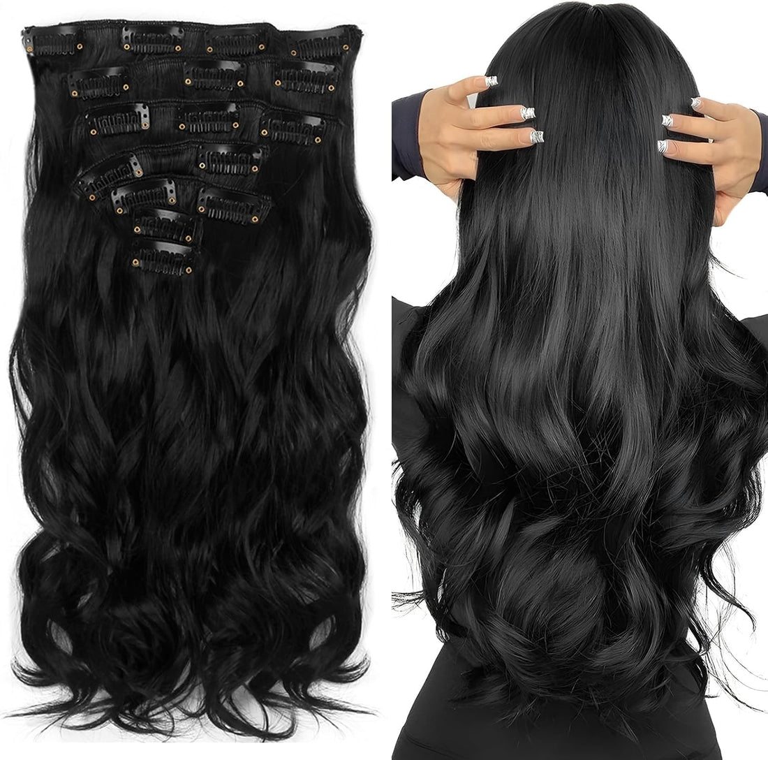 Pcs 16 Clips WAVY Hair Extensions High quality Synthetic Hair Extensions Clip ins Double Weft for Women,Natural Human Hair,16inch 120g 7Pcs-JW264 (N1-BLCAK)