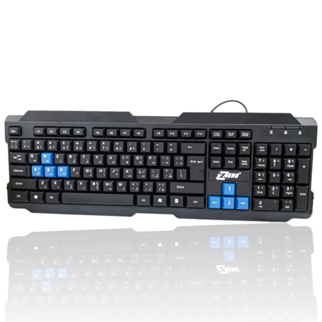 Keyboard ZERO Electronics ZR-600 USB keyboard, Elegant design, Silent Keys, Multimedia for Computer & Laptop, English & Arabic - Premium Desktop Kayboard for Workstation (Black & Blue, ZR-600)
