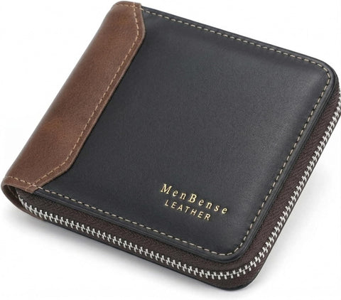 محفظة رجالي بسوسته محفظة بطاقة جلد للرجال مع سحاب خارجي و 6 جيوب داخلية وجيب كبس للCoin Wallets Men (Black4)