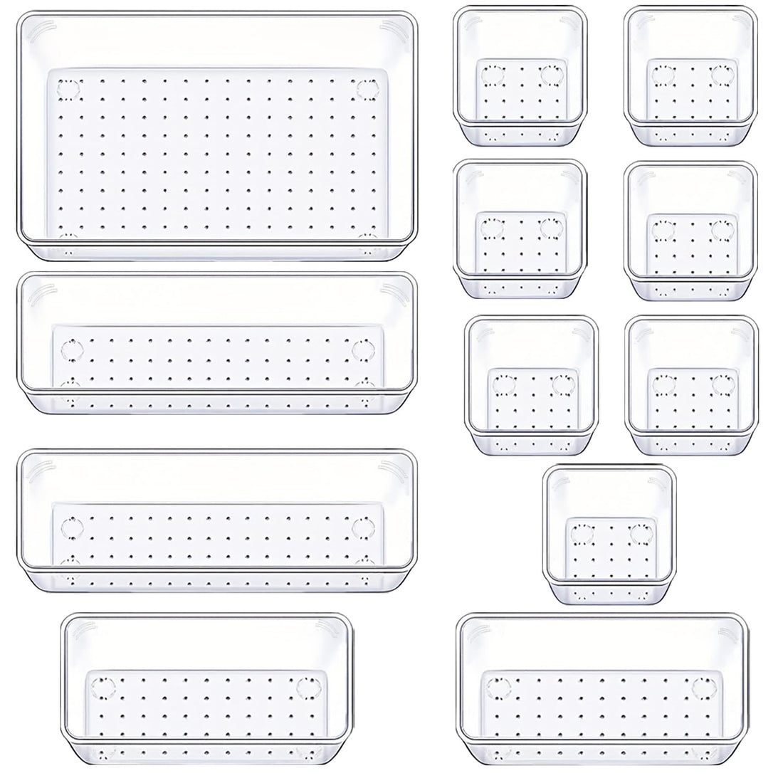 Manalete Drawer Organizers Set of 12, 4 Sizes Clear Plastic Drawer Organizers and Storage Bins for Kitchen, Bathroom, Office, Dresser Desk Drawer Organizer Tray for Jewelry, Makeup, Junk, Gadgets