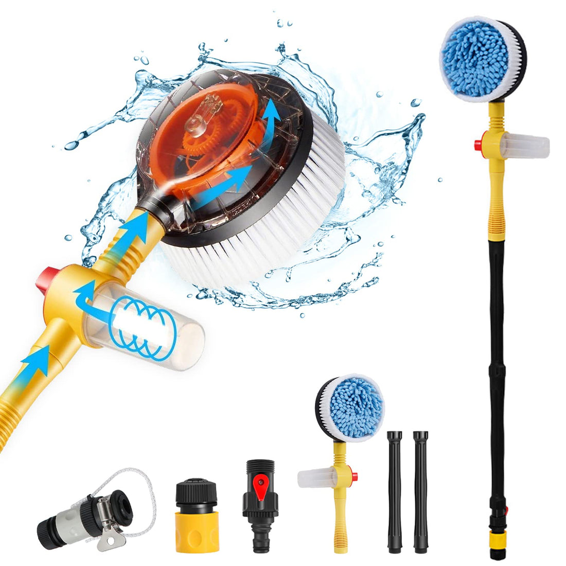 Car Wash Brush With Hose Attachment, 360 Spin With Soap Dispenser, Soft Bristle Cleaning Mop Scrub, Flow Through Washing Kit Long Handle (Yellow)