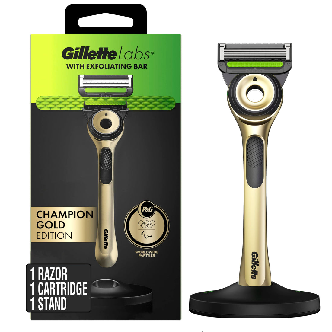 Gillette Labs with Exfoliating Stick Razor for Men, Champion Gold Edition - 1 Handle, 1 Razor Blade Refill, Includes Premium Magnetic Stand