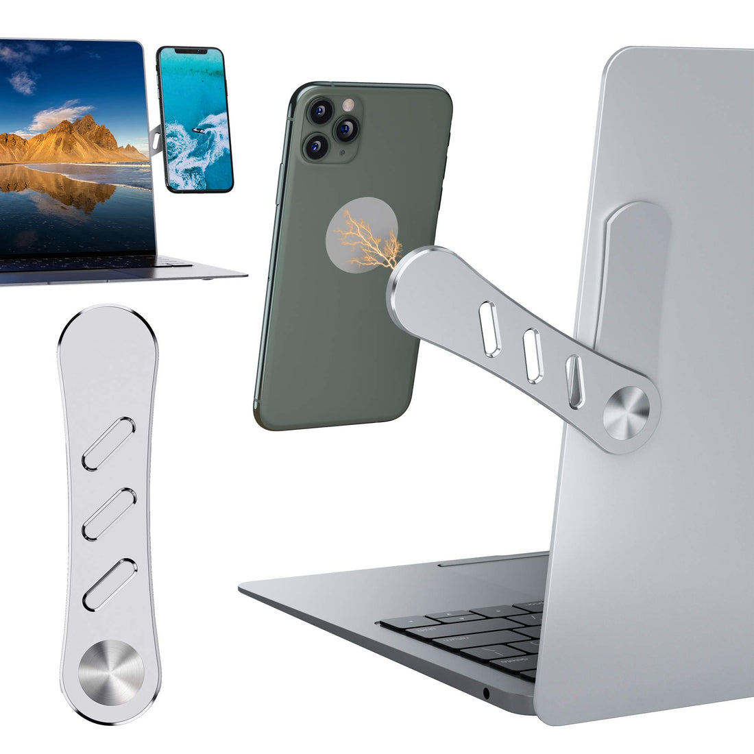 JOYI Magnetic Phone Aerospace Material Holder for Laptop,Laptop Side Mount Clip, Computer Monitor Expansion Bracket, Adjustable Laptop Stand for iPhone 13 Pro Max/ 13 Pro/ 13/13 Mini, Silver