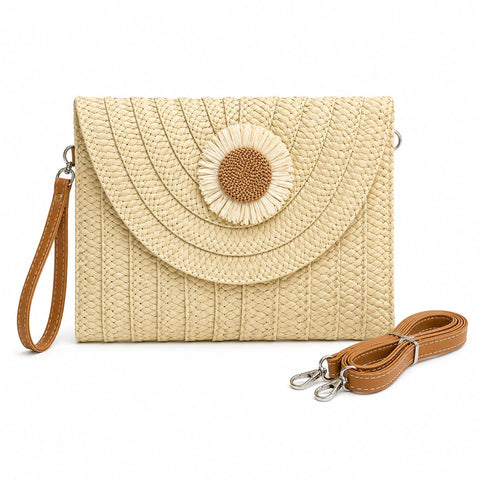 Woven Straw Clutch Bag with Flower Detail, Envelope Style, Crossbody Strap Included