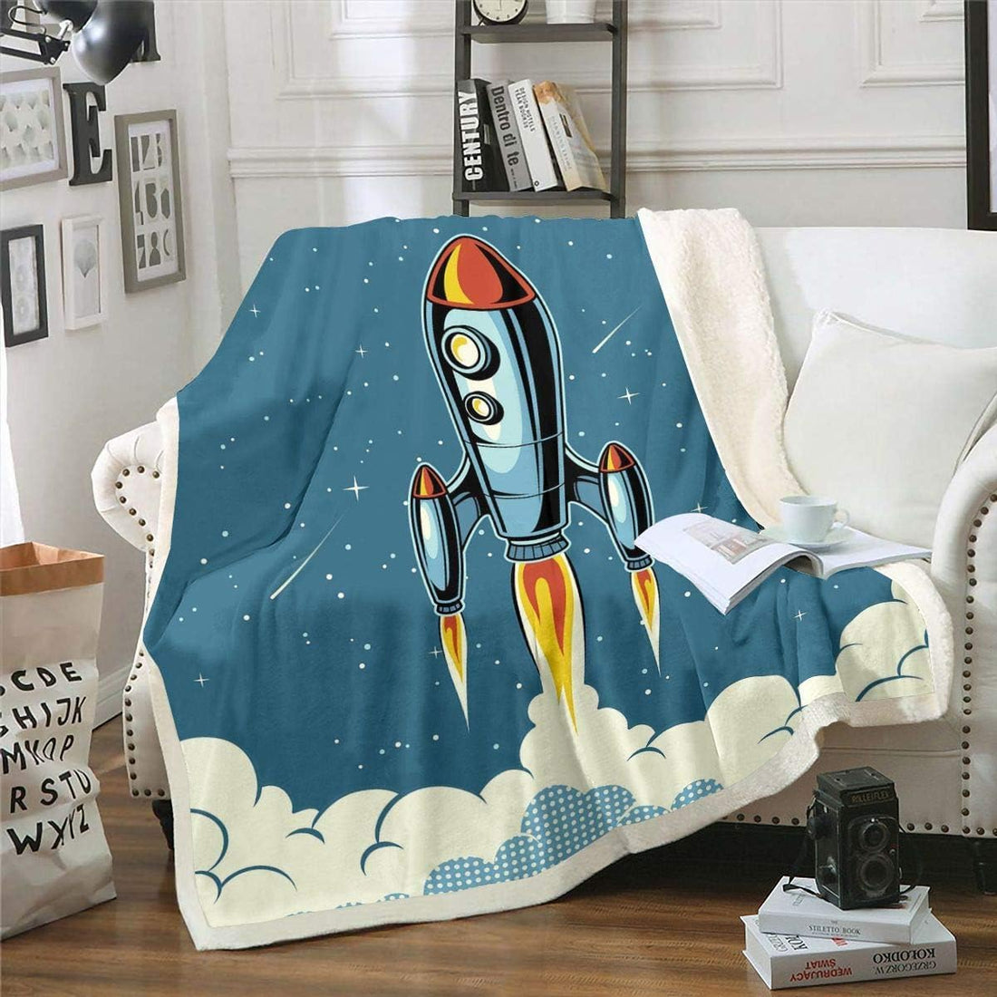 Cartoon Rocket Blanket 140 x 200 cm Galaxy for Children Boys Girls Teenagers Space Adventure Cuddly Universe Cloud Planets for Sofa