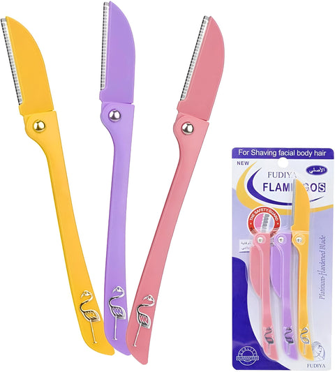 Dermaplaning Razors - 3-Piece Folding Eyebrow Tool Set for Women, Colorful Pink, Purple, Yellow Blades, 15cm Long for Gentle Facial Hair Elimination