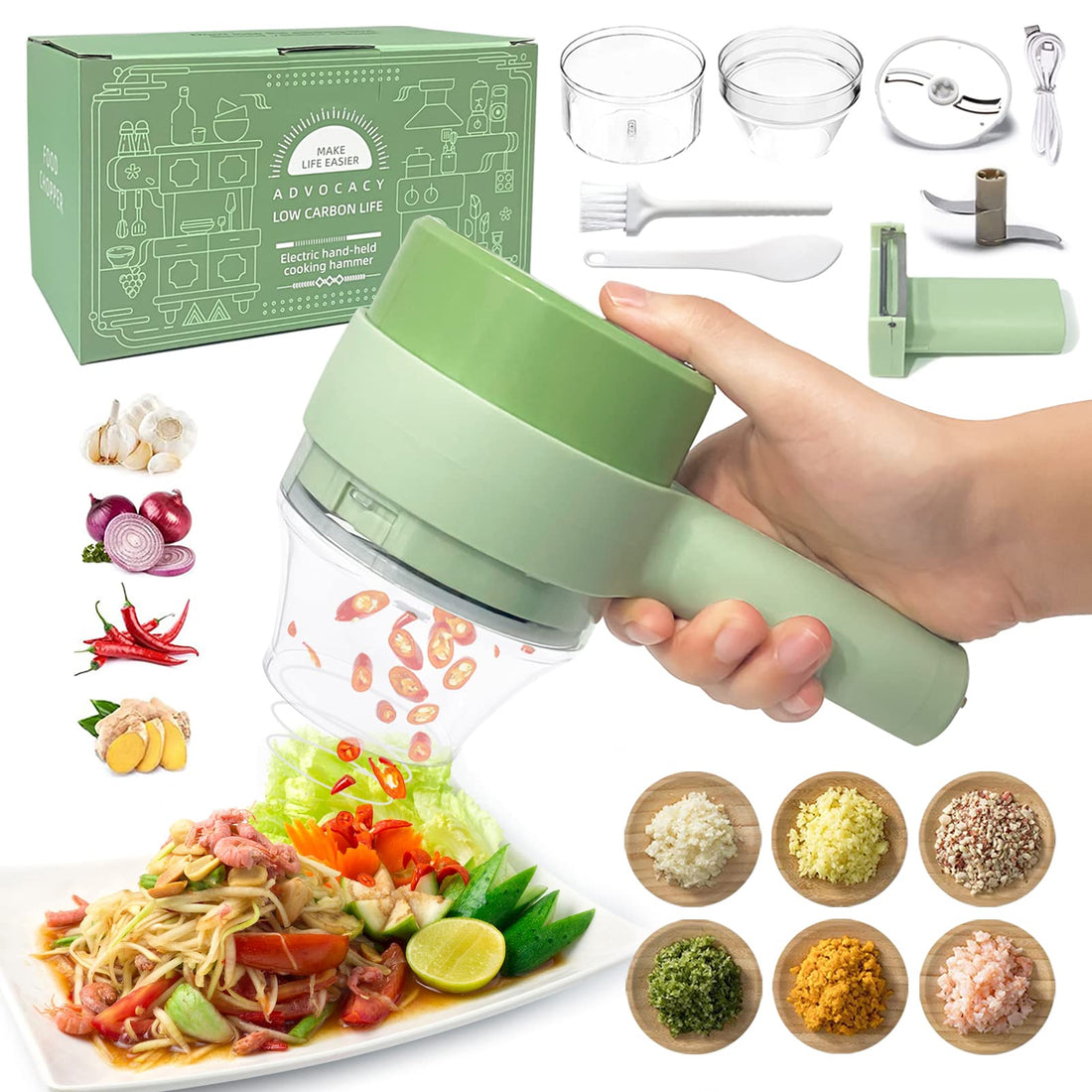 4 in 1 Handheld Electric Vegetable Cutter Set, Portable Mini Wireless Food Processor with Brush, Gatling Vegetable Cutter Electric Garlic Chopper for Garlic Pepper Chili Onion Celery Ginger Meat